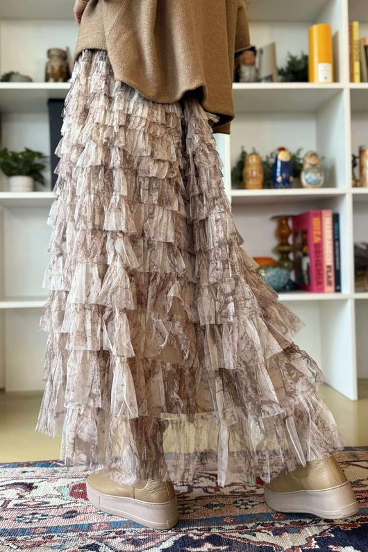 Ramone Marble Mesh Midaxi Skirt Earth